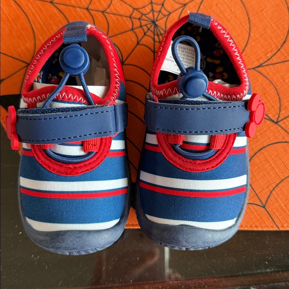 Striped Baby Shoes with Red and Blue Accents. Mickey Mouse motif Sz 5-6 new